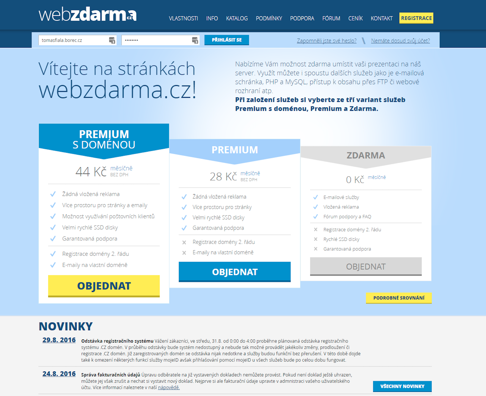 Webzdarma.cz v roce 2016 s nabídkou programů Premium a Zdarma